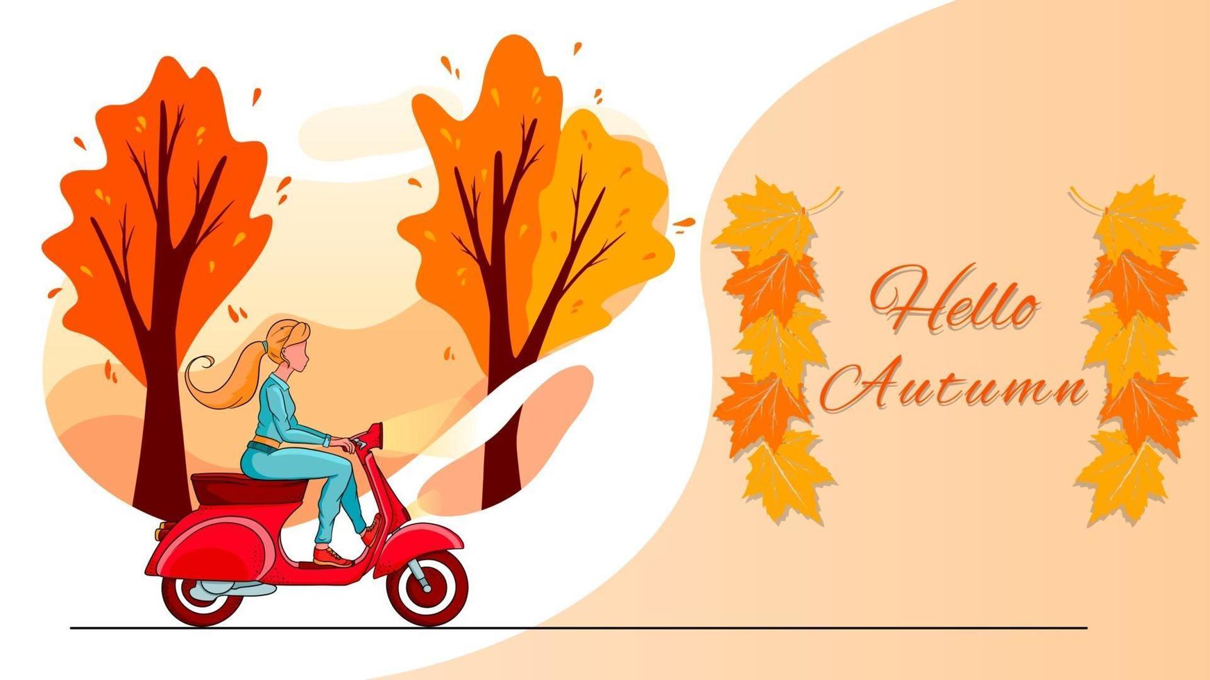 hola banner de otoño. árboles del parque de otoño y una chica rubia en un scooter rojo. vector