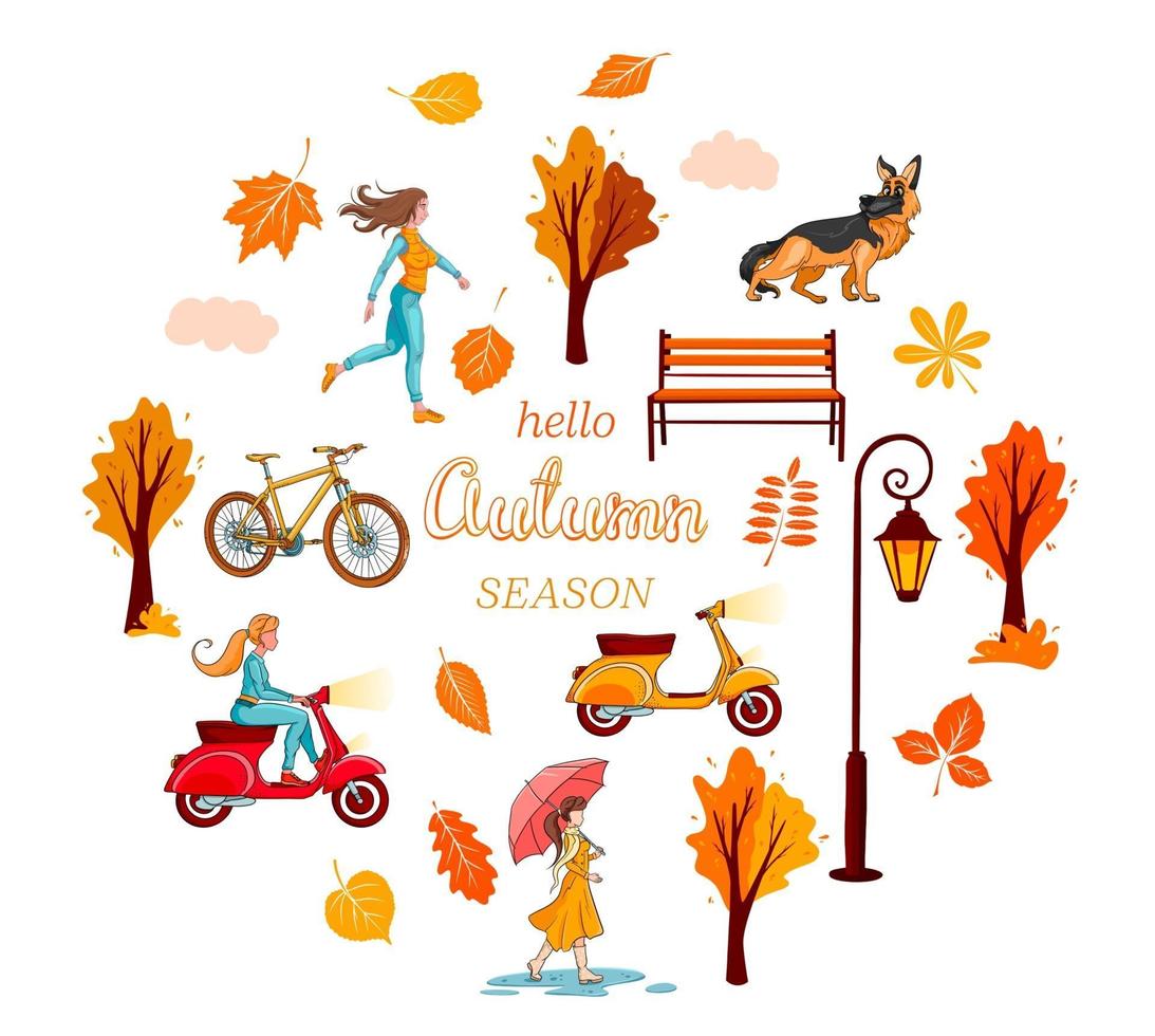 Big autumn set. Yellow leaves, trees, bench lantern, girl. vector