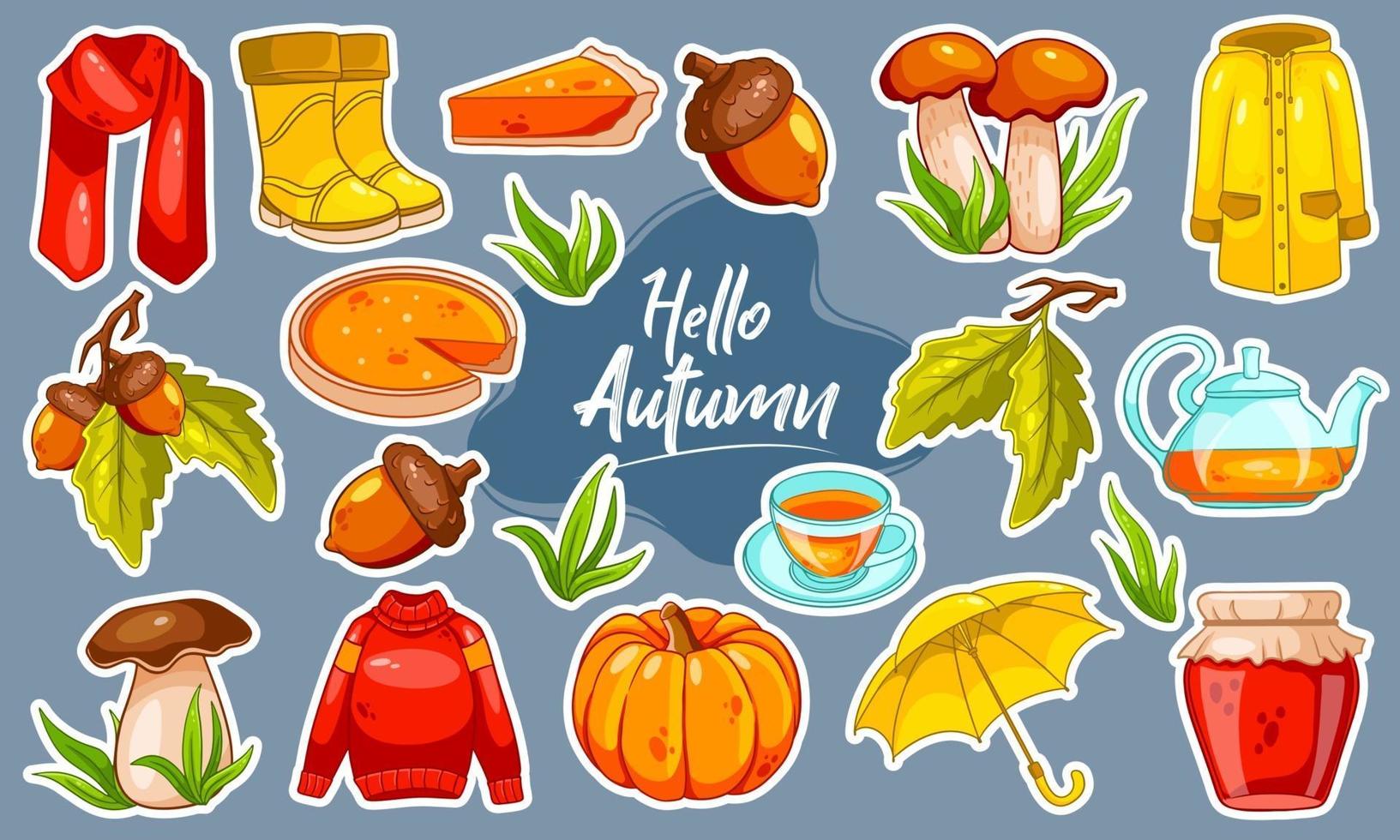 conjunto de otoño. gran colección de pegatinas de artículos de otoño. vector