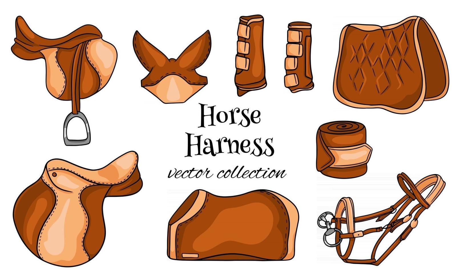 arnés para caballos un conjunto de equipos ecuestres silla de montar brida manta botas protectoras en estilo de dibujos animados vector
