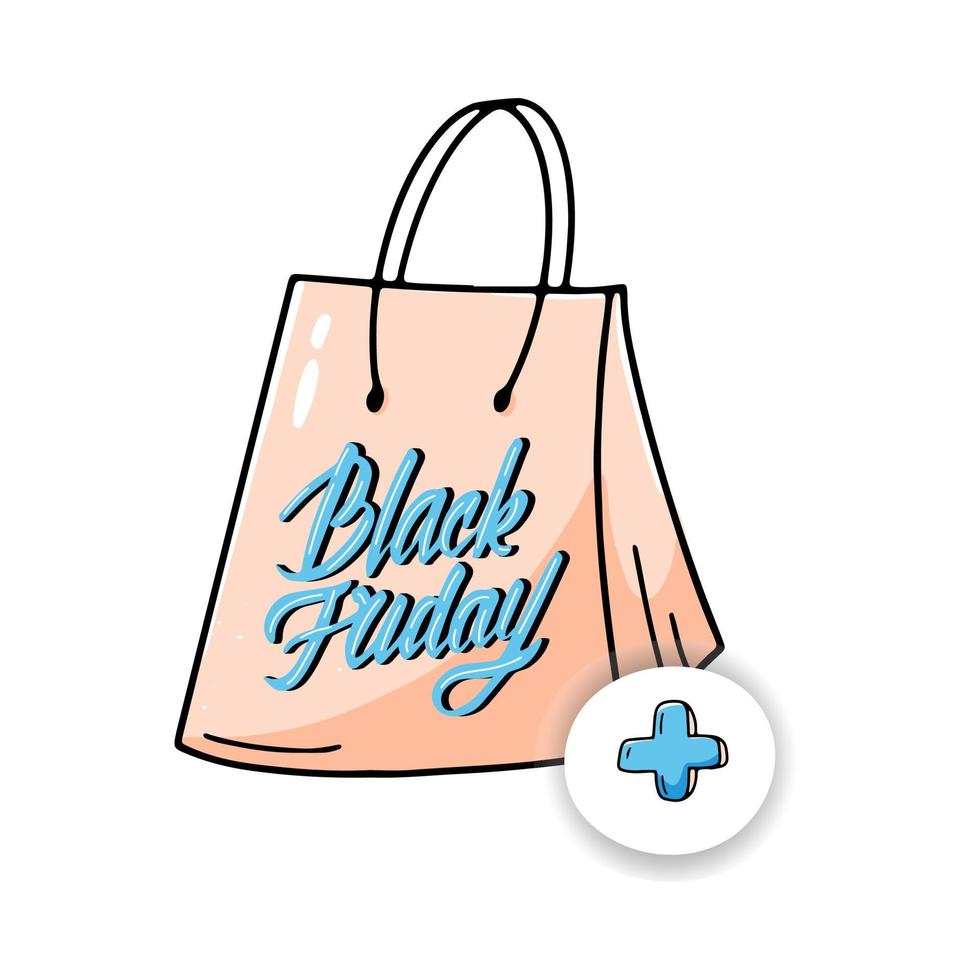 Black Friday sales tag vector illustration-hand drawn script lettering black friday bag with plus sign.Doodle shopping bag - simple shopping concept