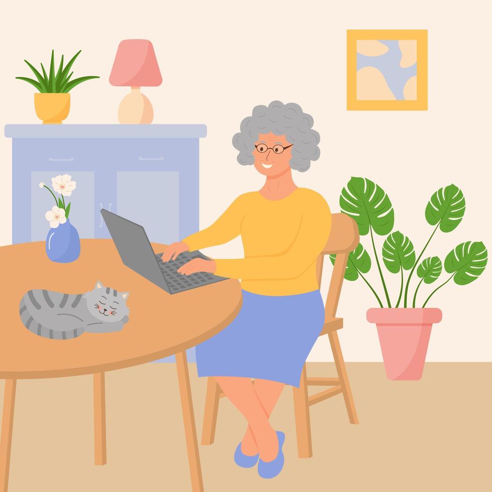abuela feliz con una computadora portátil está sentada en la sala de estar. vector