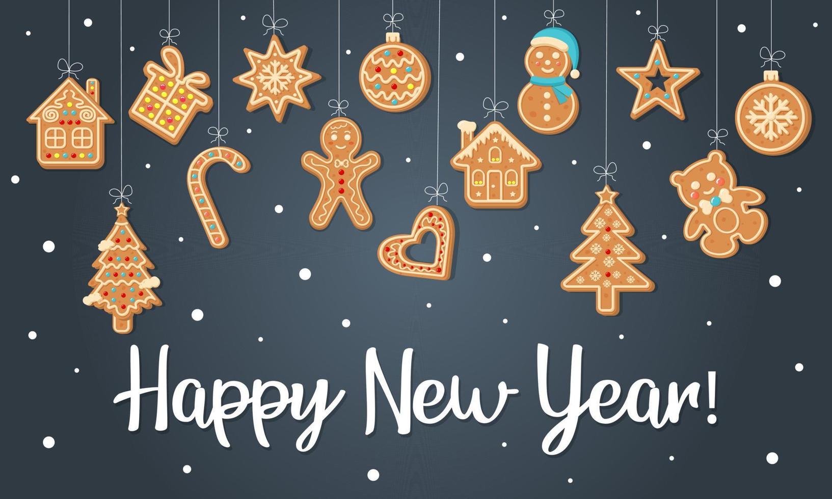 Happy New Year Greeting Card with hanging gingerbread cookies. vector