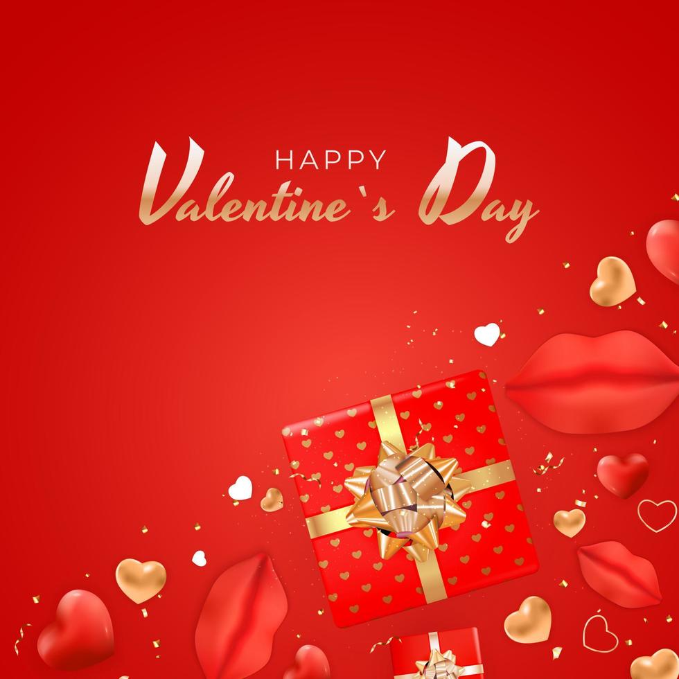 Valentine s Day Background Design with Realistic Lips and Hearts.. Template for advertising, web, social media and fashion ads. Poster, flyer, greeting card. Vector Illustration EPS10