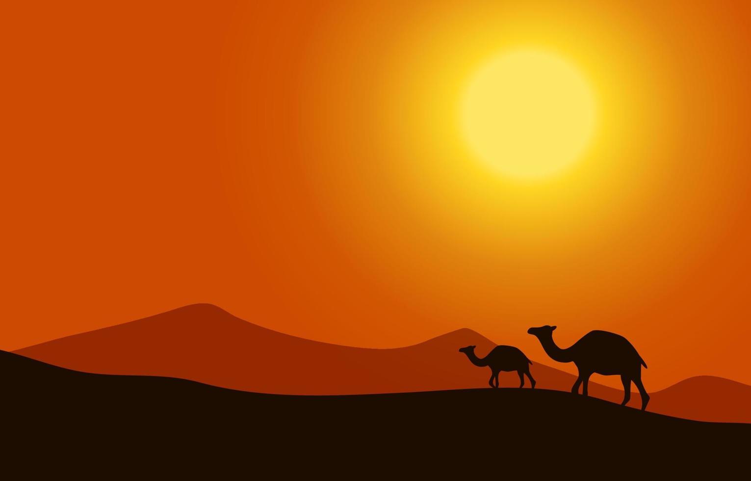 Paisaje desértico de dibujos animados con colinas, camellos y siluetas de montañas, fondo plano de vector de naturaleza