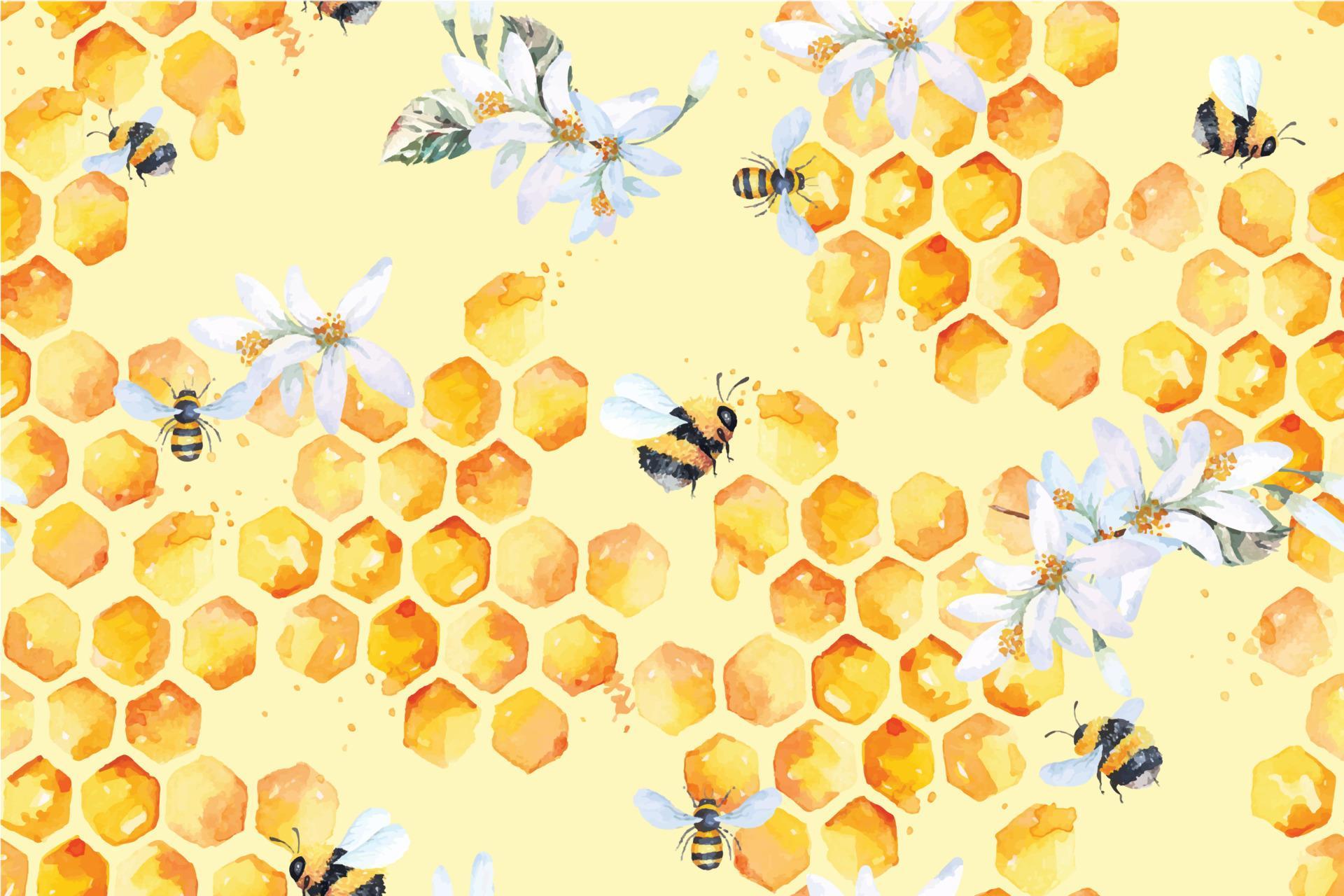 seamless pattern of bees and and flowers with watercolor
