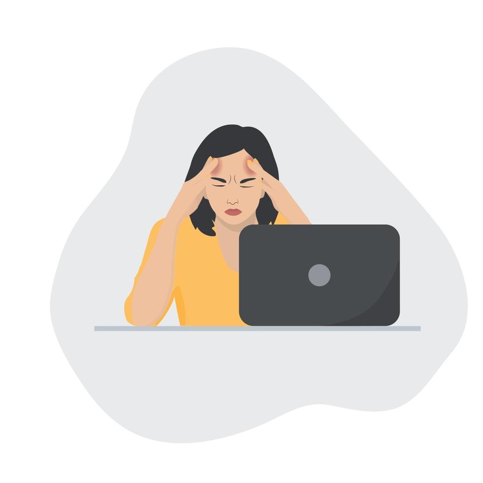 Young woman with headache at the computer. Workplace stress. Vector illustration.