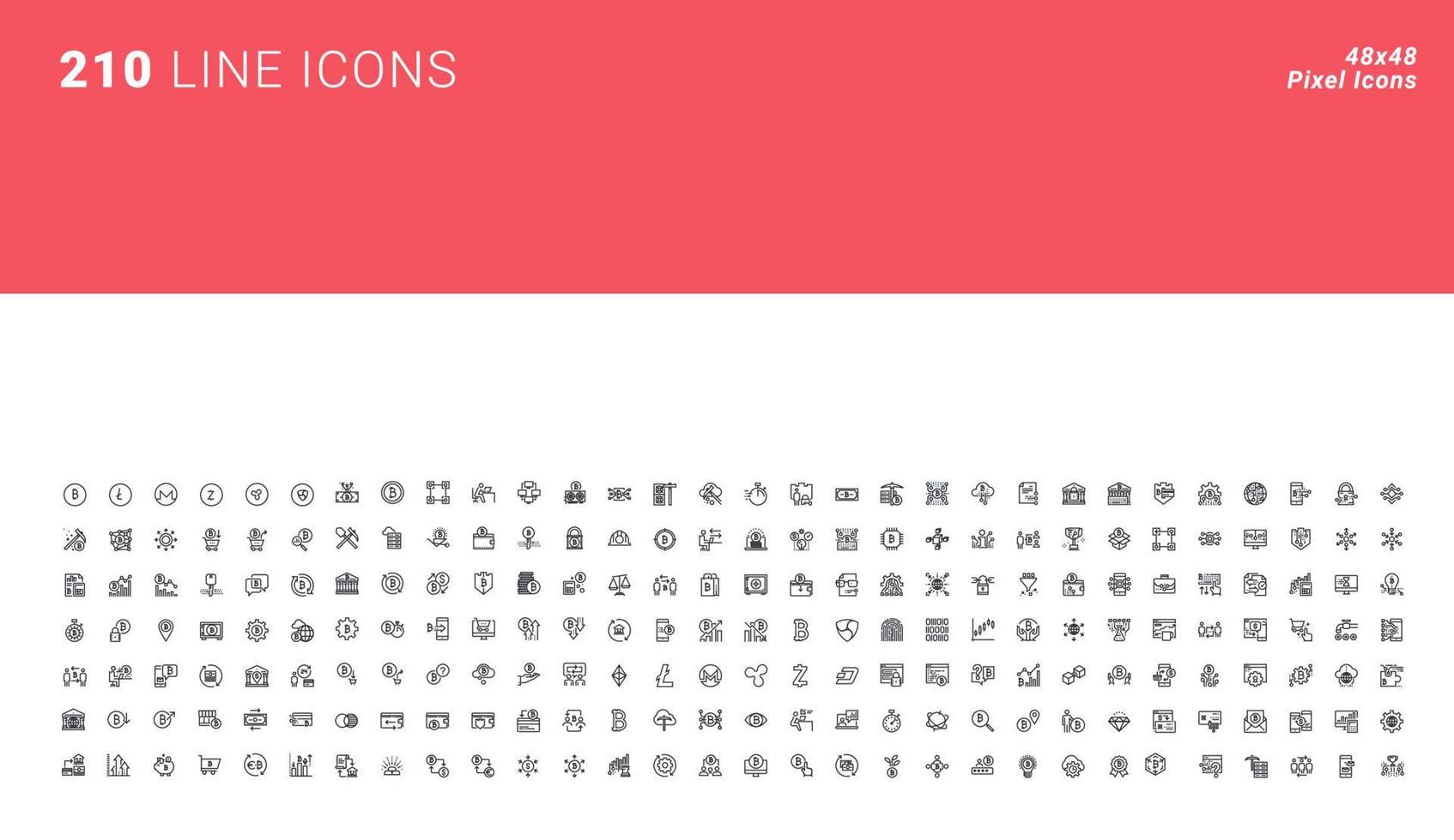 Set of pixel perfect icons of bitcoin, blockchain technology, cryptocurrencies, mining and trading vector