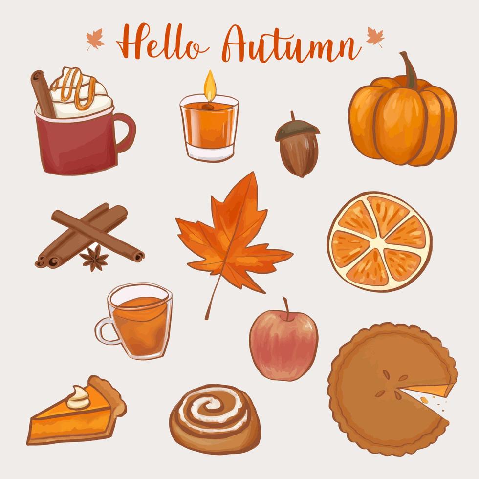 Set of hand drawn autumn atmosphere elements. Isolated fall sticker collection. vector