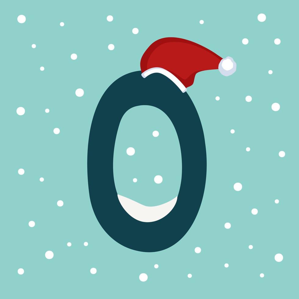 Number zero with snow and red Santa Claus hat vector