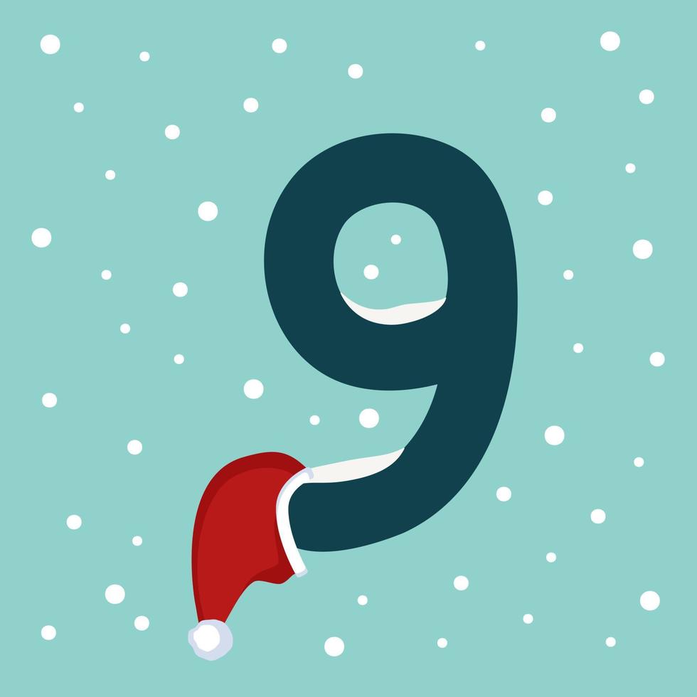 Number nine with snow and red Santa Claus hat vector