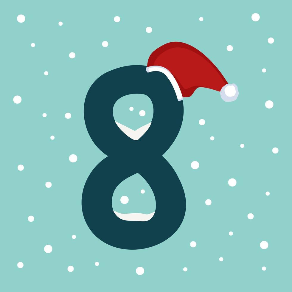 Number eight with snow and red Santa Claus hat vector