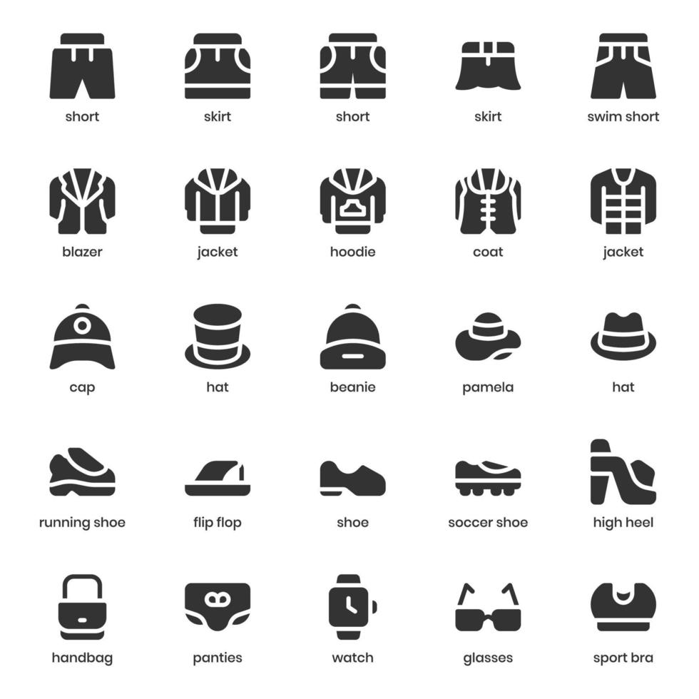 paquete de iconos de moda y ropa para el diseño de su sitio web, logotipo, aplicación, ui. diseño de glifos de icono de moda y ropa. Ilustración de gráficos vectoriales y trazo editable. vector