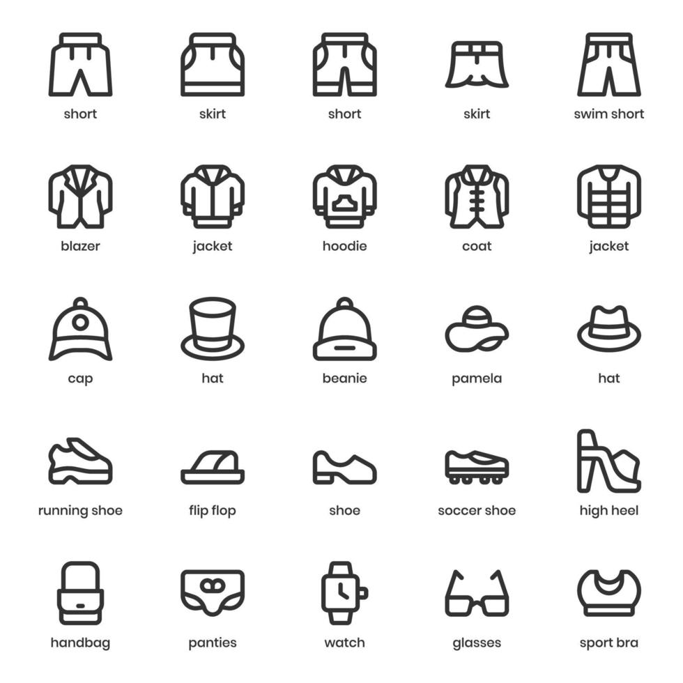 paquete de iconos de moda y ropa para el diseño de su sitio web, logotipo, aplicación, ui. diseño de esquema de icono de moda y ropa. Ilustración de gráficos vectoriales y trazo editable. vector