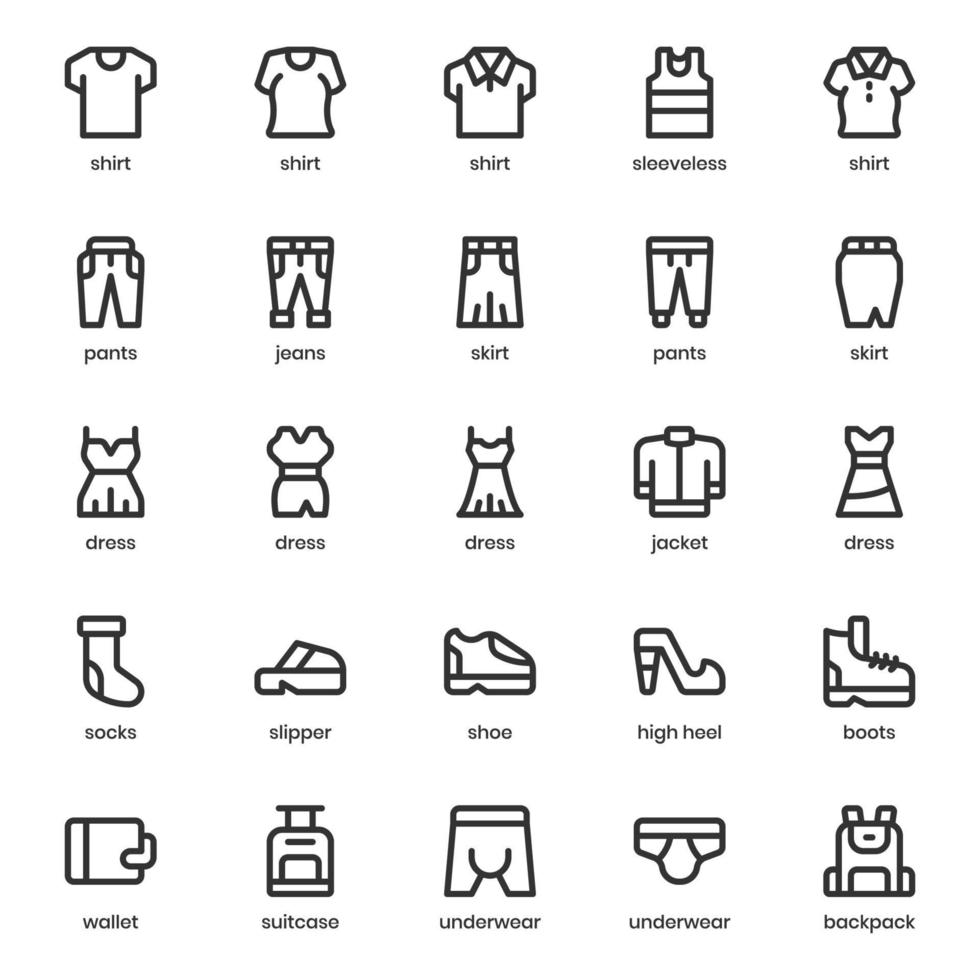 paquete de iconos de moda y ropa para el diseño de su sitio web, logotipo, aplicación, ui. diseño de esquema de icono de moda y ropa. Ilustración de gráficos vectoriales y trazo editable. vector