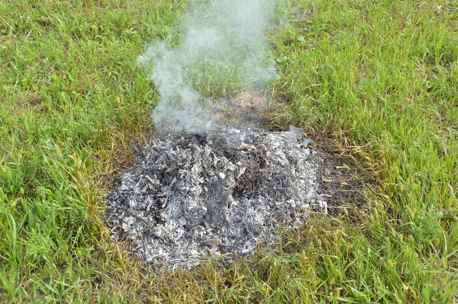 A bonfire with dry plants is burning on a land plot with fire and smoke photo