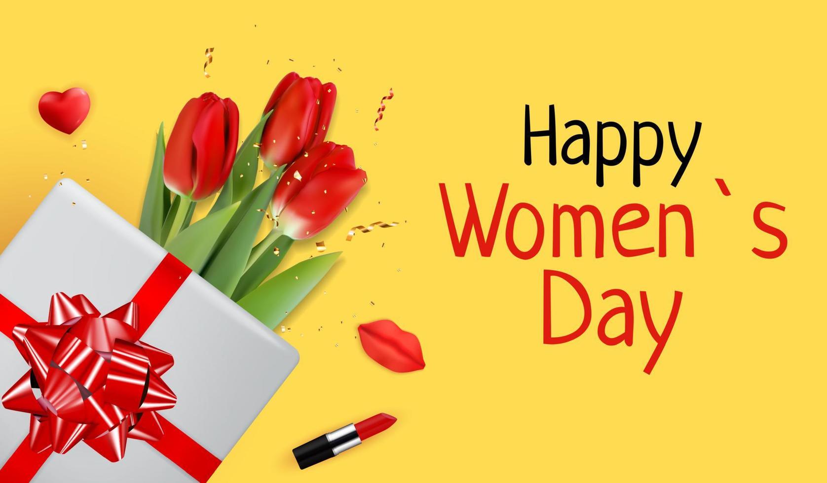 Happy Womens Day Holiday Congratulation Background with Tulips and gift box. Vector Illustration