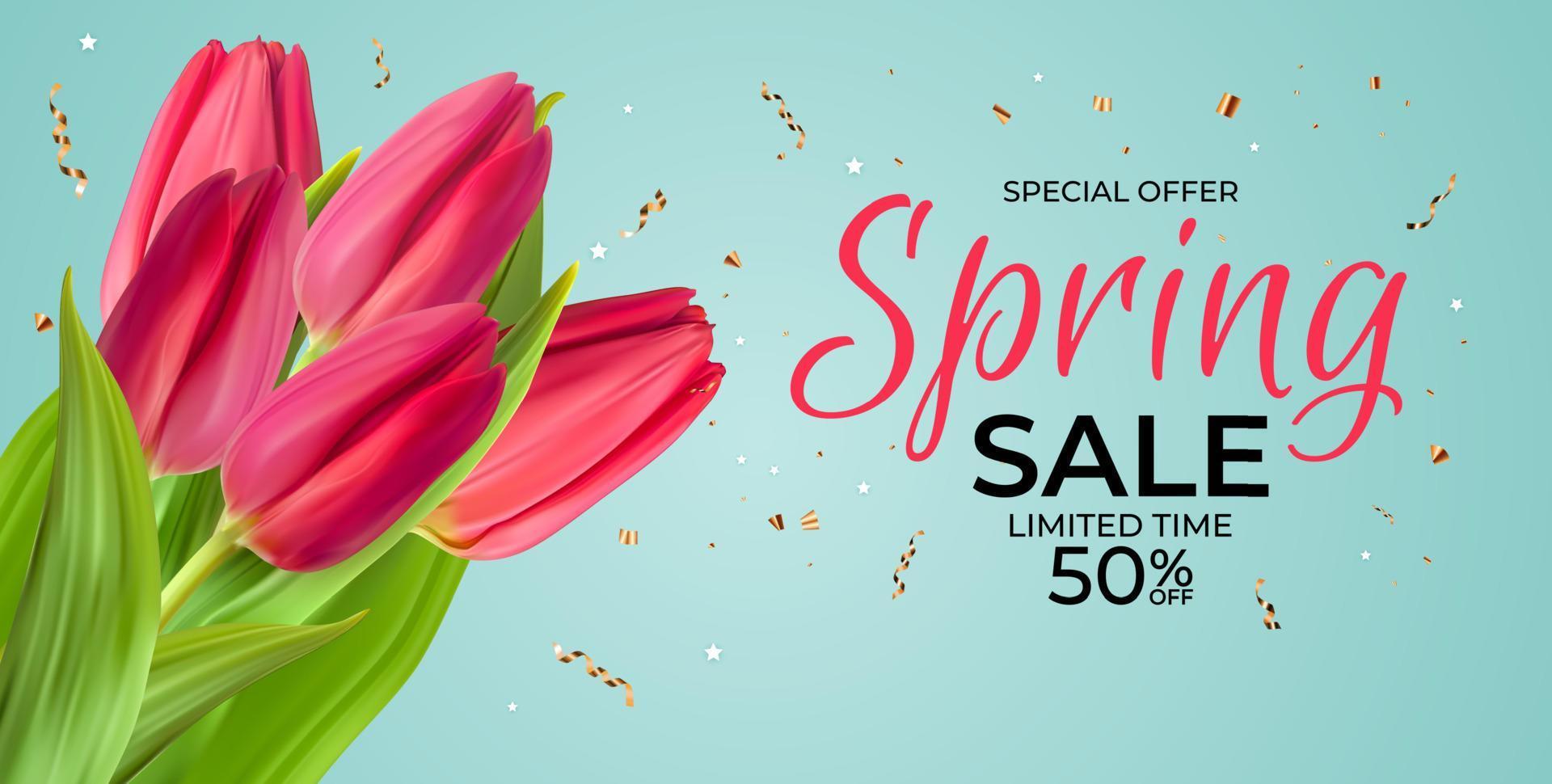 Spring Sale Template Background with realistic Tulip Flower. Vector Illustration