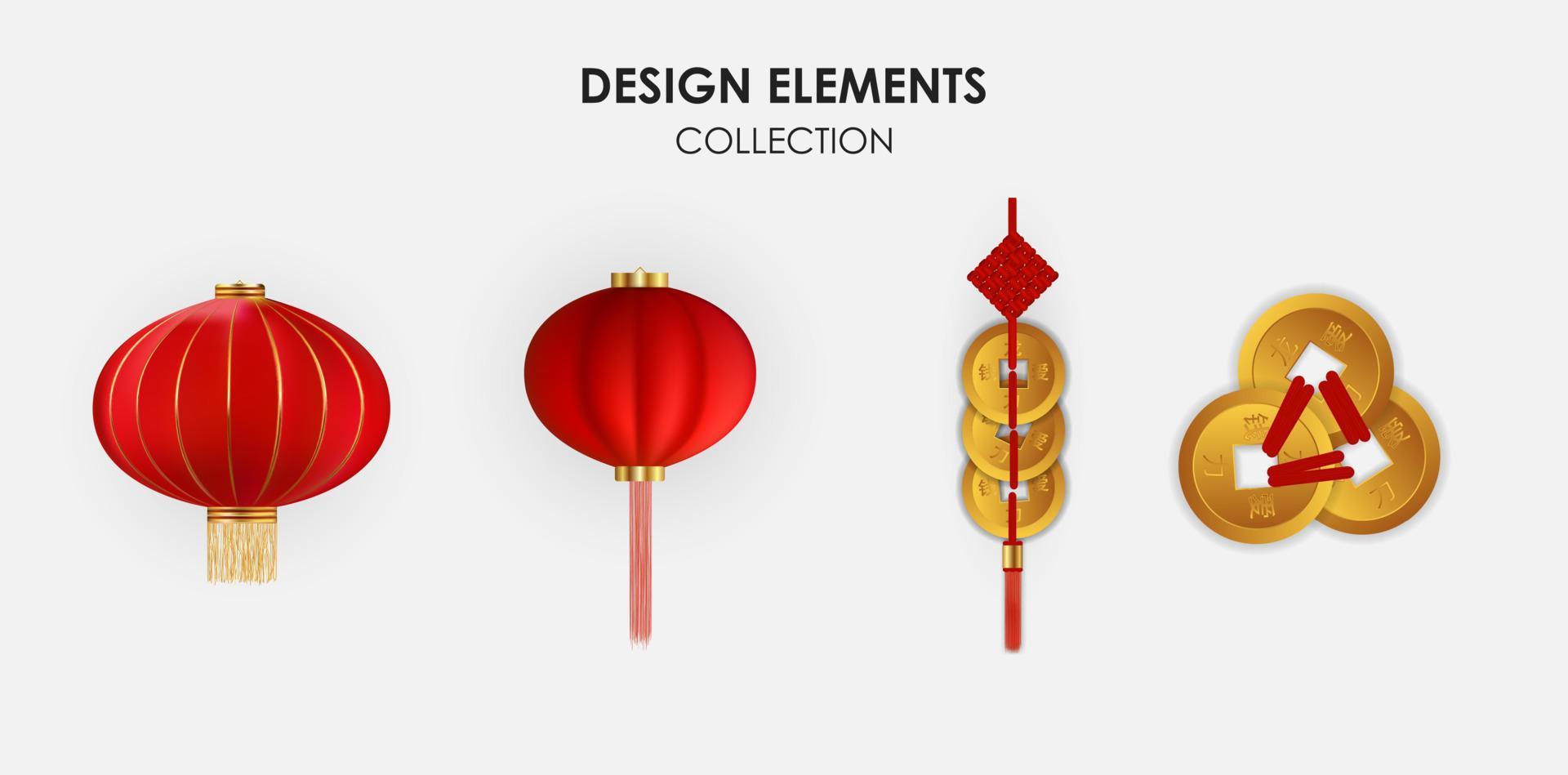 Realistic 3d Chinese Holiday Design Elements hanging lanterns and gold coins collection set. Vector Illustration EPS10
