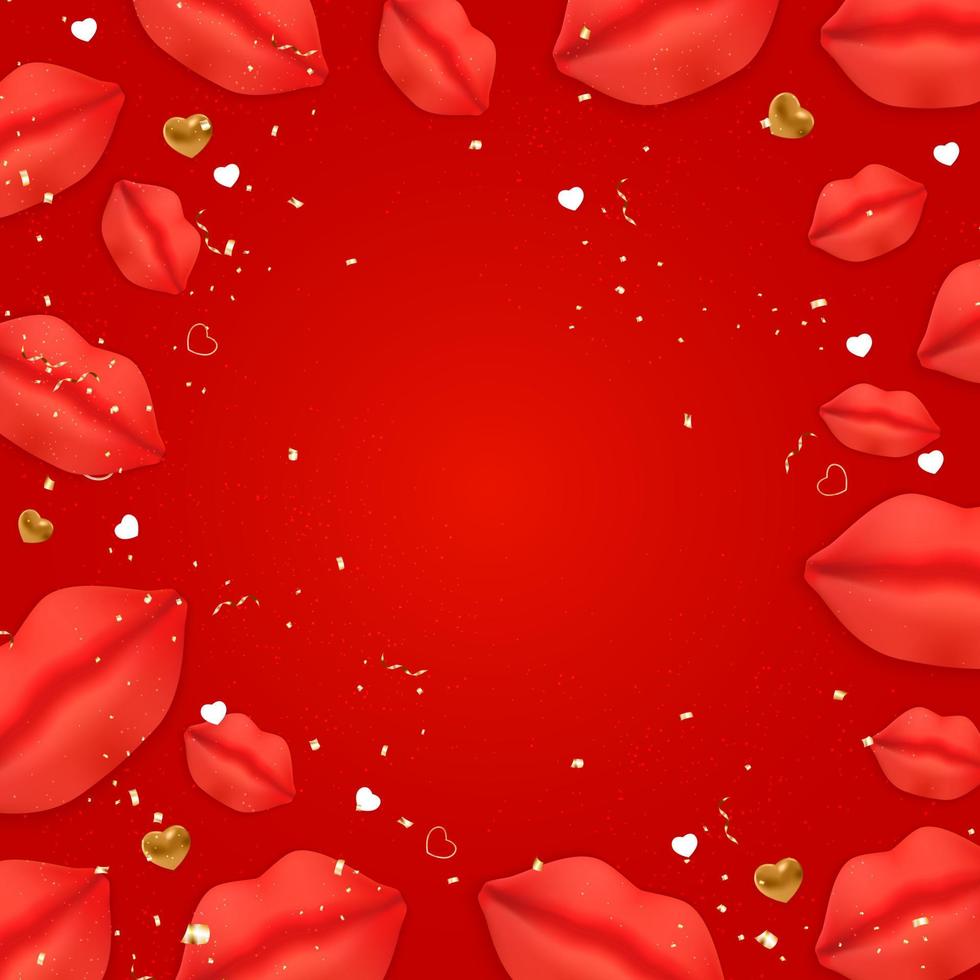 Valentine s Day Background Design with Realistic Lips and Hearts.. Template for advertising, web, social media and fashion ads. Poster, flyer, greeting card. Vector Illustration EPS10