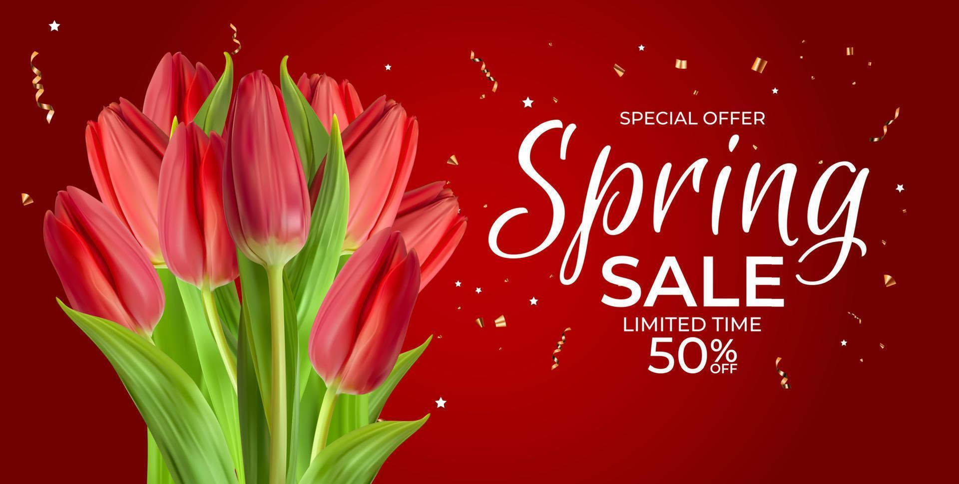 Spring Sale Template Background with realistic Tulip Flower. Vector Illustration