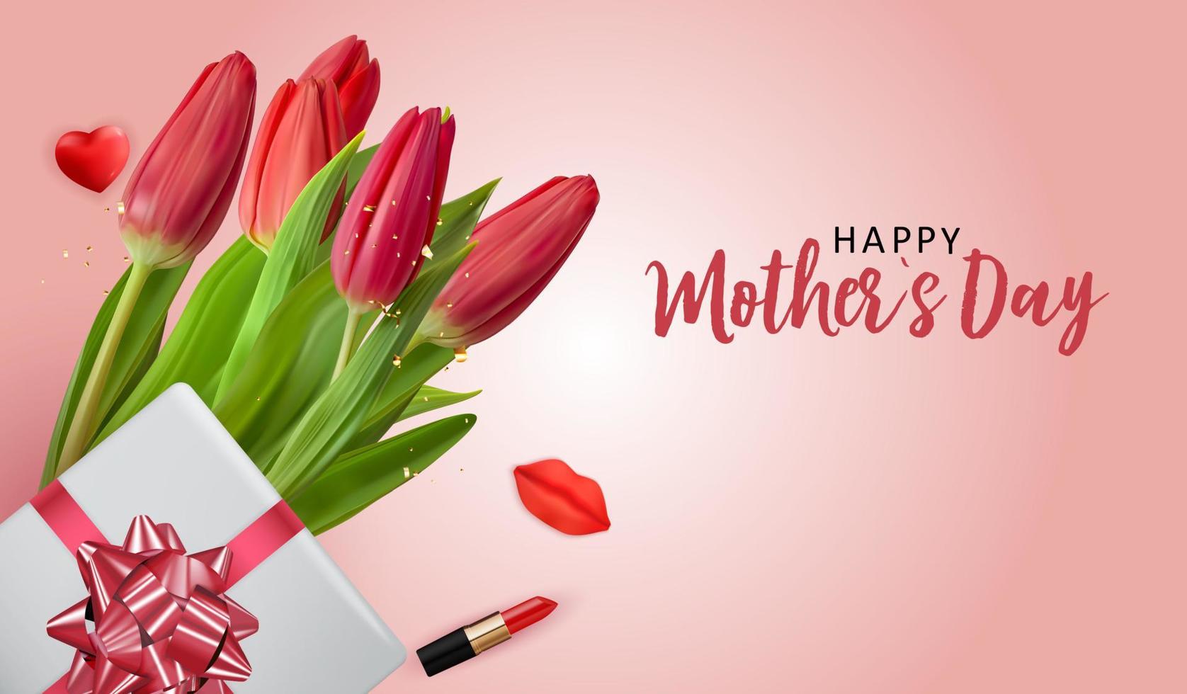 Happy Mothers Day Background with Realistic Tulip flowers and gift box. Vector Illustration