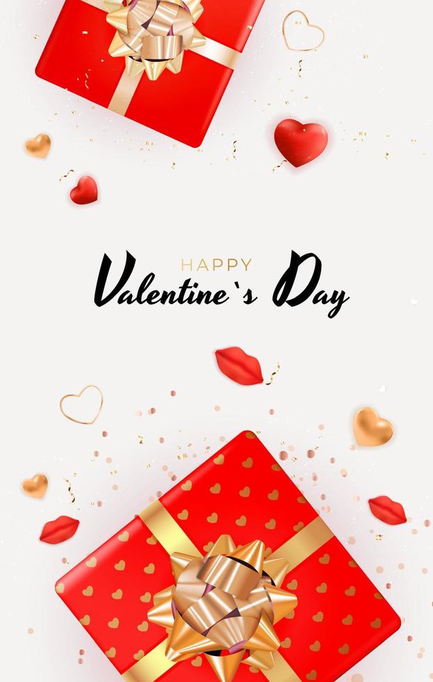 Valentine s Day Background Design with Realistic Lips and Hearts.. Template for advertising, web, social media and fashion ads. Poster, flyer, greeting card. Vector Illustration EPS10