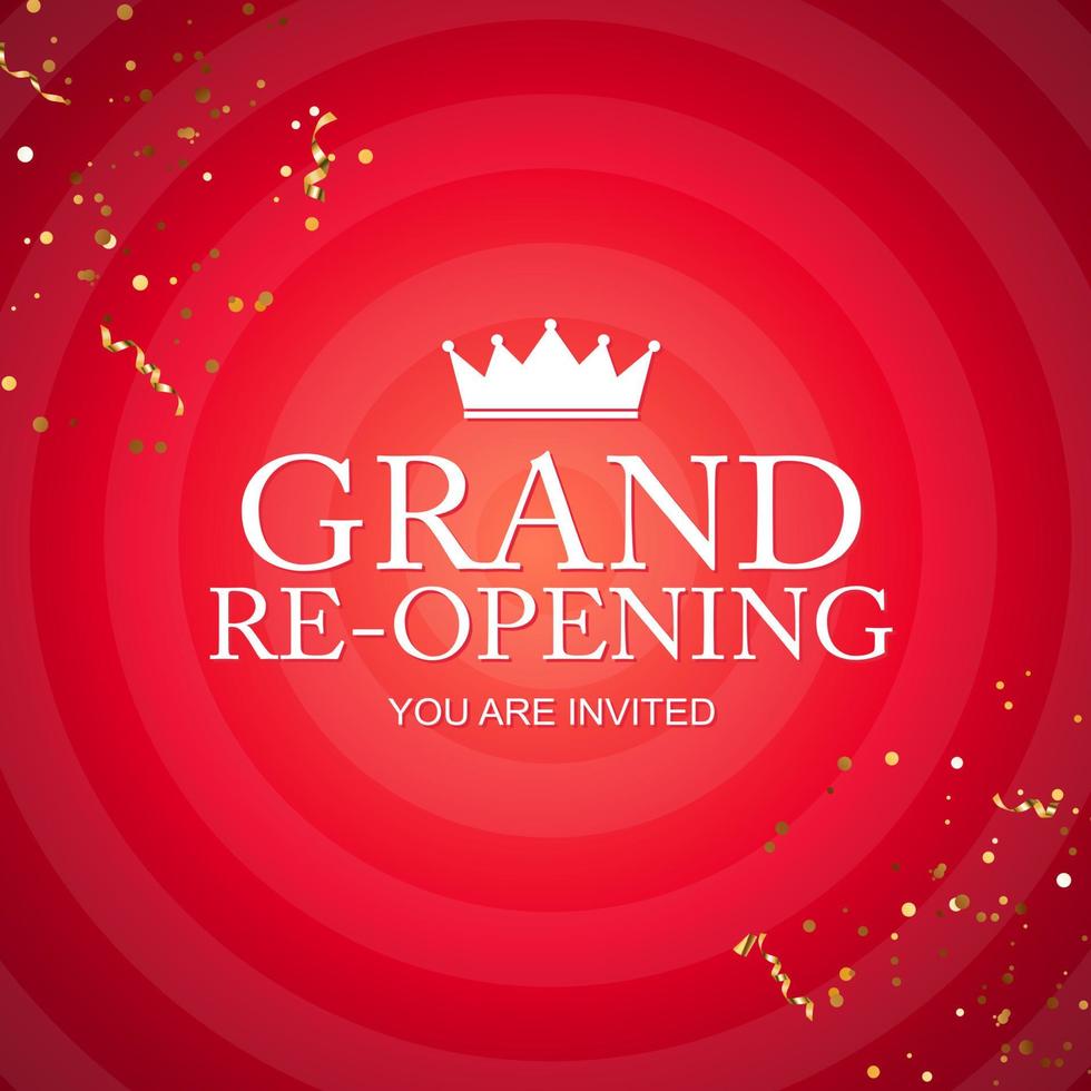 Grand Opening congratulation background card with golden confetti on red hypnotic background. Vector Illustration