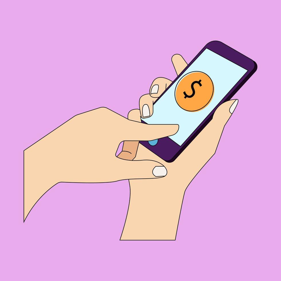 hand hold mobile phone flat design vector