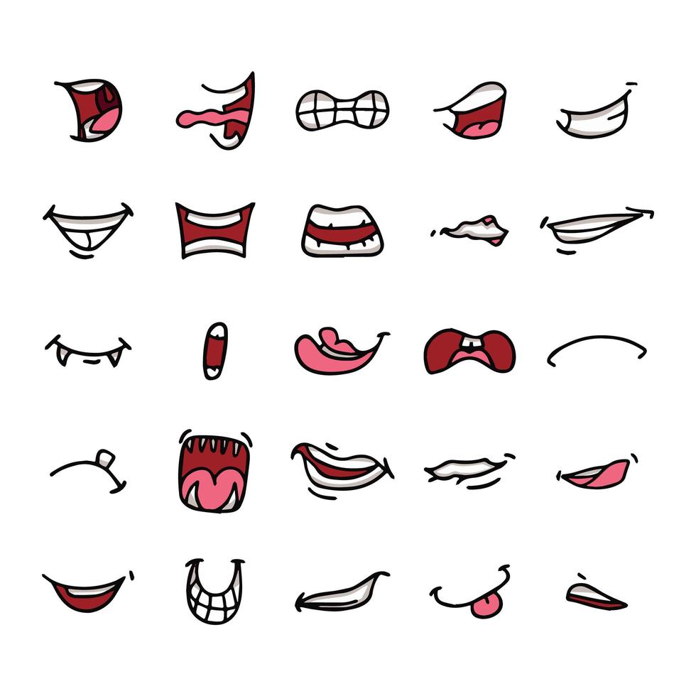 vector de bocas en diferentes posiciones. con dientes, lengua, sonriendo, enojado, abierto, hablando, etc.