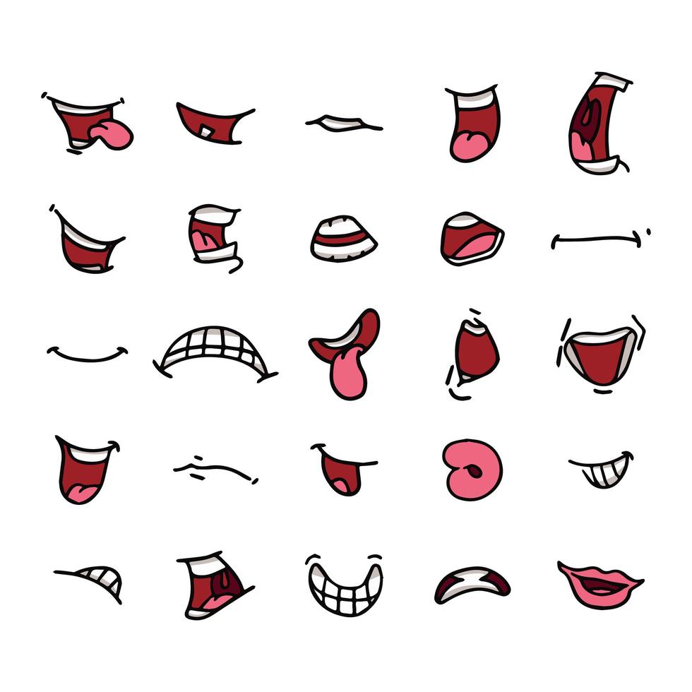 vector de bocas en diferentes posiciones. con dientes, lengua, sonriendo, enojado, abierto, hablando, etc.