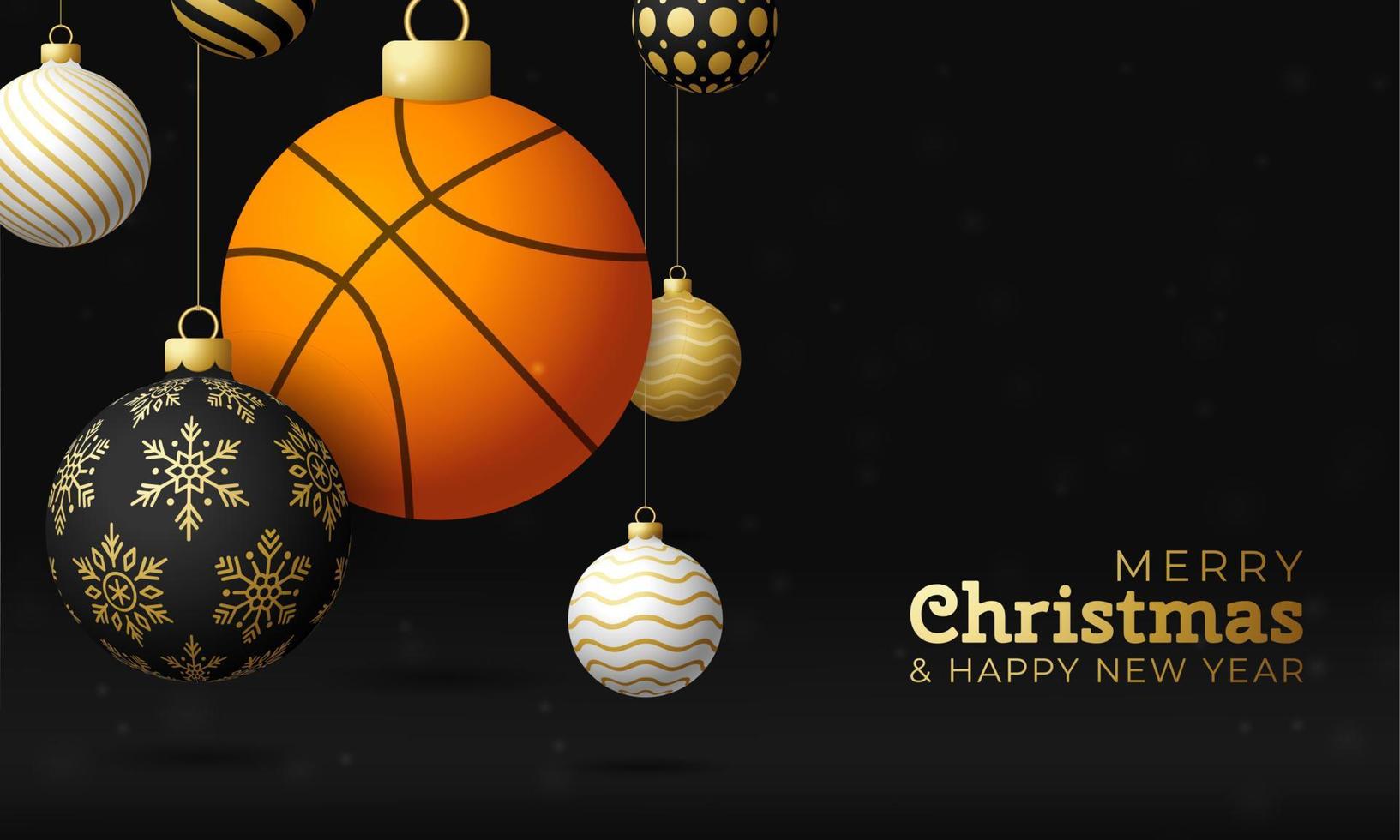 tarjeta de navidad de baloncesto. Feliz Navidad tarjeta de felicitación deportiva. colgar de una pelota de baloncesto de hilo como una bola de Navidad y adorno dorado sobre fondo negro horizontal. Ilustración de vector de deporte.