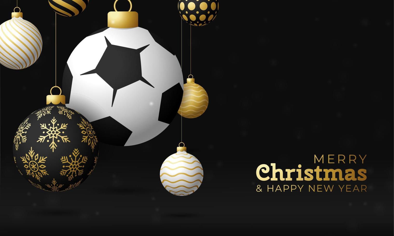 tarjeta de navidad de fútbol deporte. Feliz Navidad tarjeta de felicitación deportiva. colgar de un hilo de fútbol, pelota de fútbol como una pelota de Navidad y adorno de oro sobre fondo negro horizontal. Ilustración de vector de deporte.