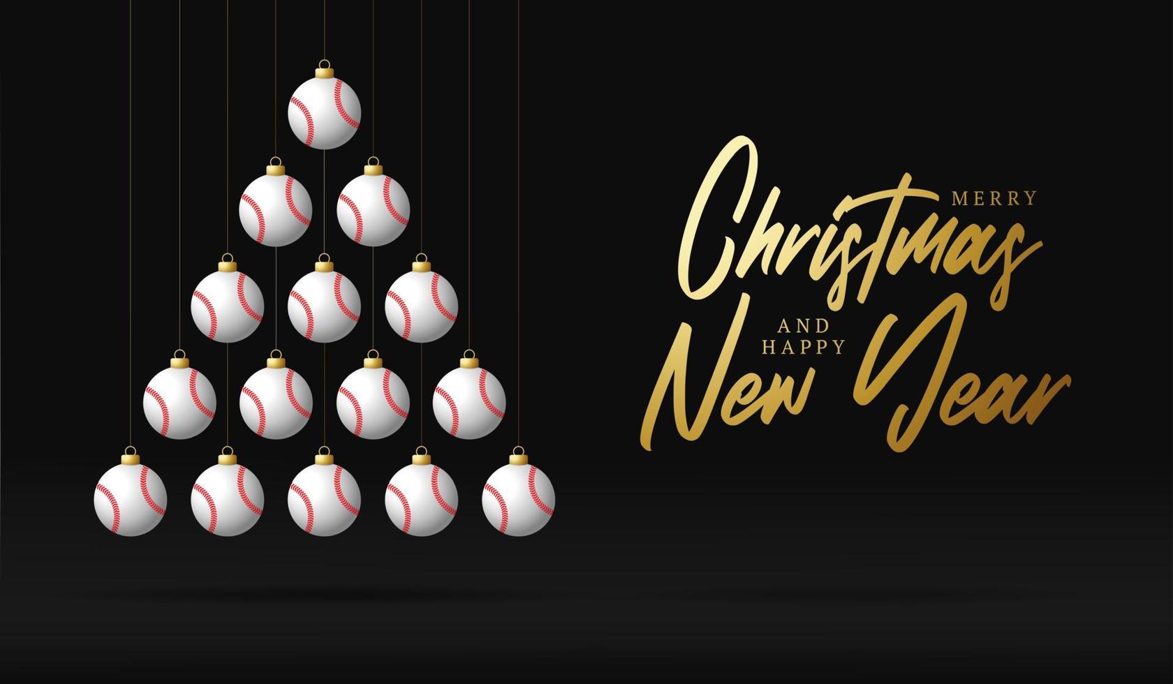 béisbol tarjeta de felicitación de navidad y año nuevo árbol de adornos. Árbol de Navidad creativo hecho por pelota de béisbol sobre fondo negro para la celebración de Navidad y año nuevo. tarjeta de felicitación deportiva vector