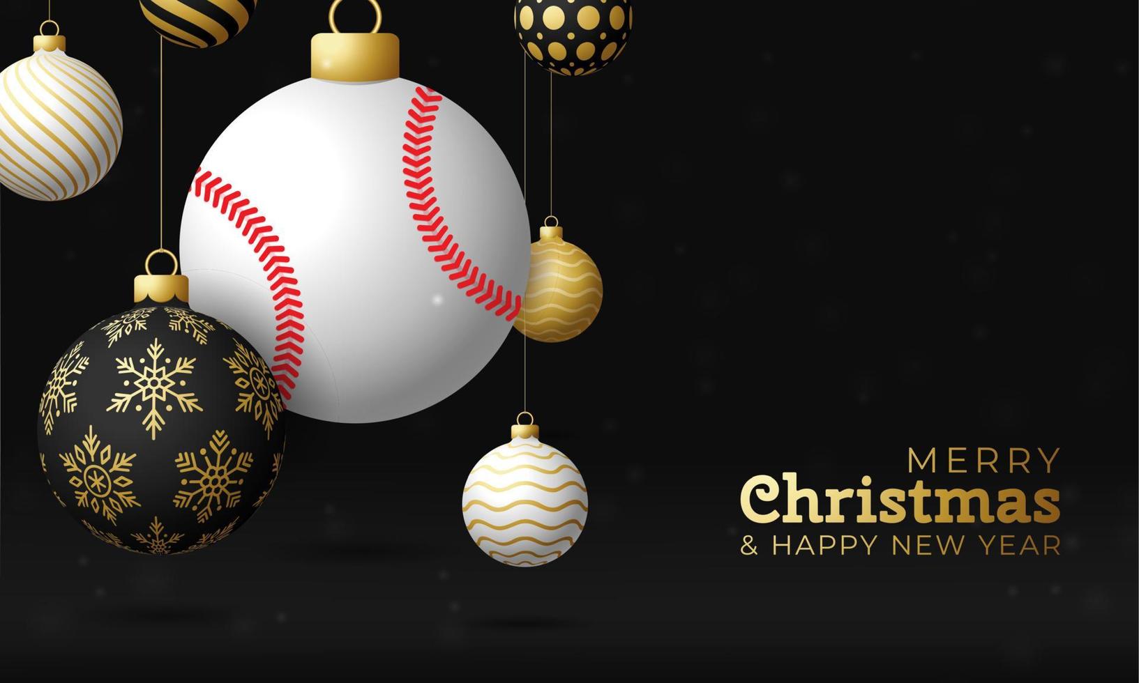 tarjeta de navidad de béisbol. Feliz Navidad tarjeta de felicitación deportiva. colgar de una pelota de béisbol de hilo como una bola de Navidad y adorno dorado sobre fondo negro horizontal. Ilustración de vector de deporte.