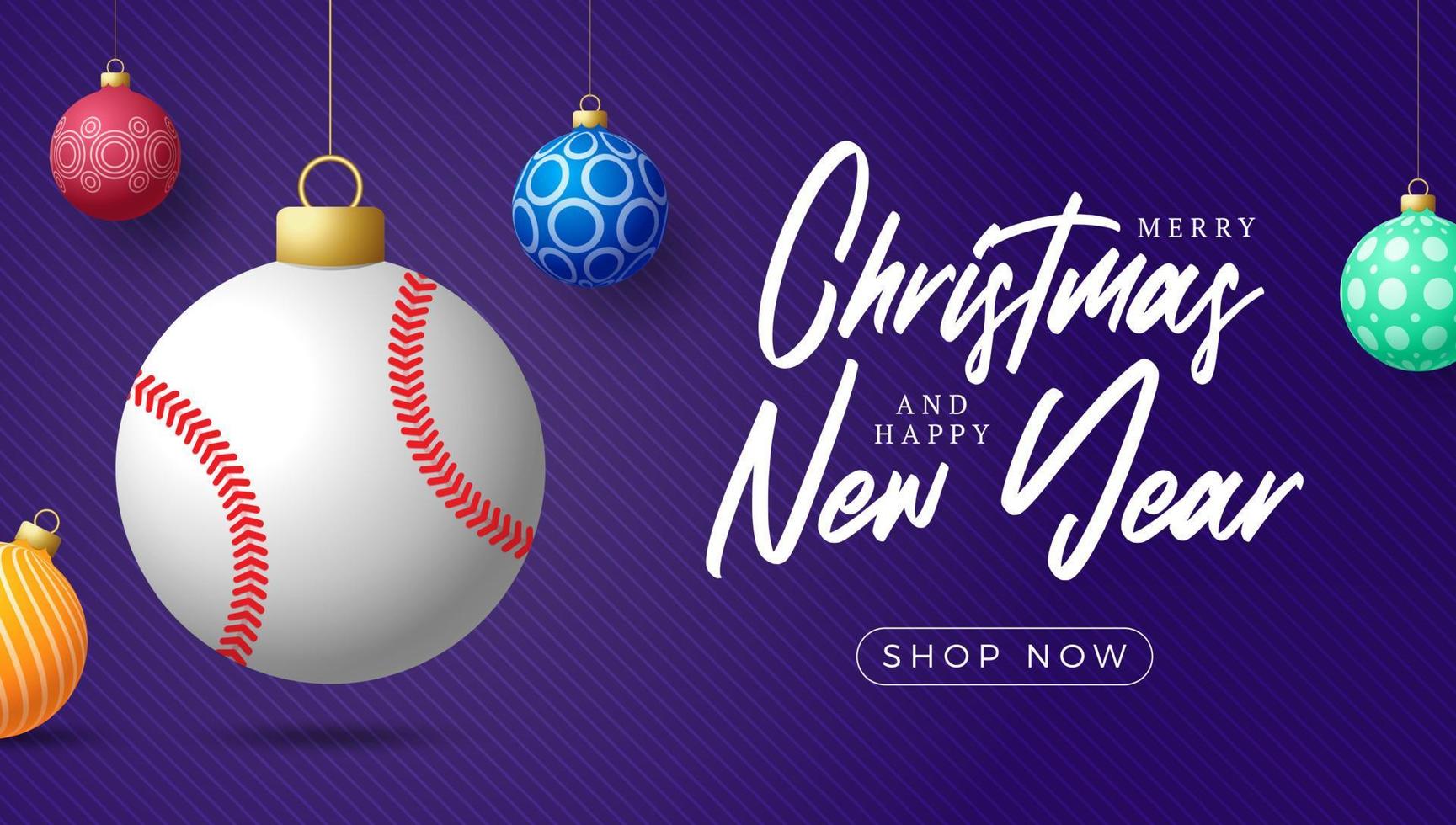 tarjeta de navidad de béisbol. Feliz Navidad tarjeta de felicitación deportiva. colgar de una pelota de béisbol de hilo como una bola de Navidad y adornos de colores sobre fondo púrpura horizontal. Ilustración de vector de deporte.