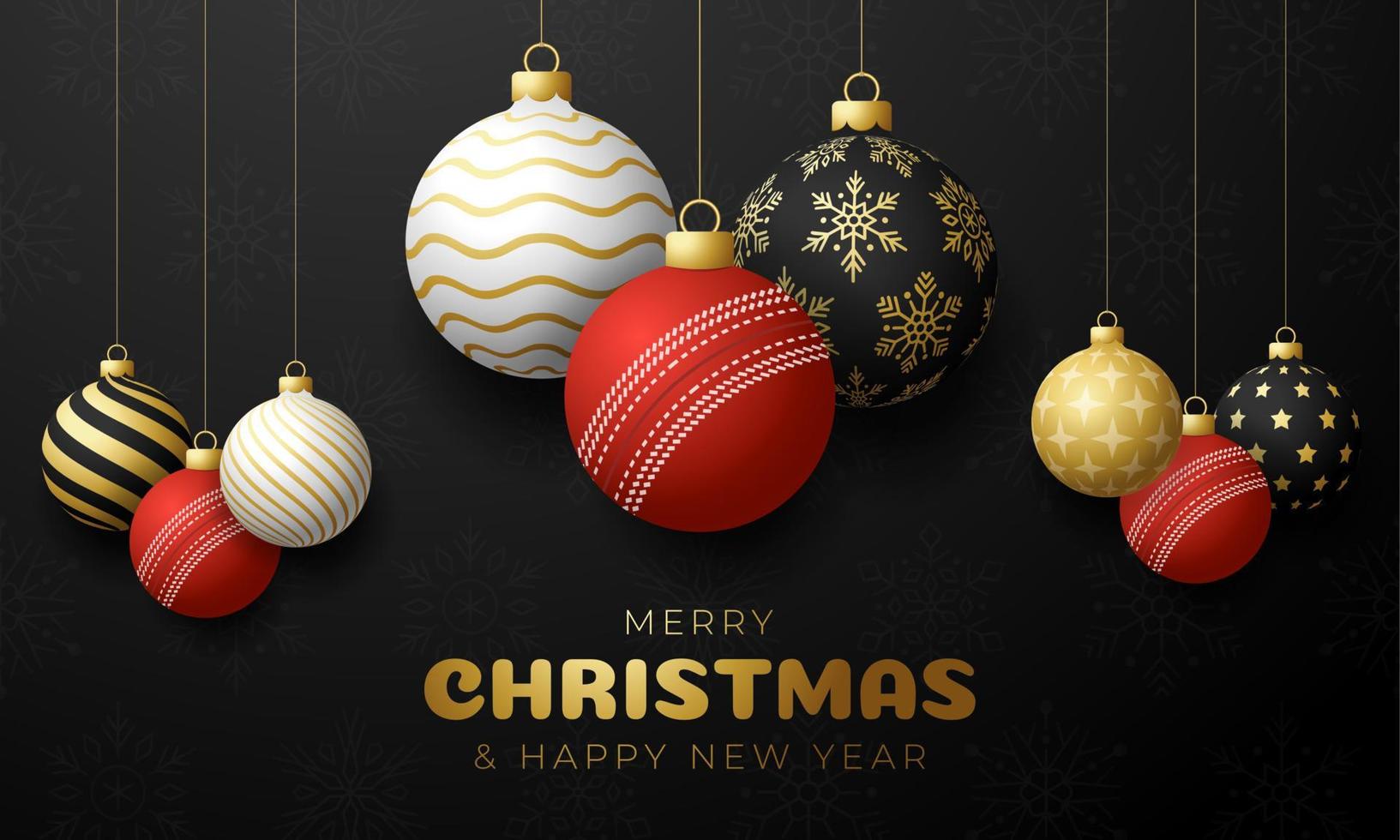 cricket Christmas card. Merry Christmas sport greeting card. Hang on a thread cricket ball as a xmas ball and golden bauble on black horizontal background. Sport Vector illustration.