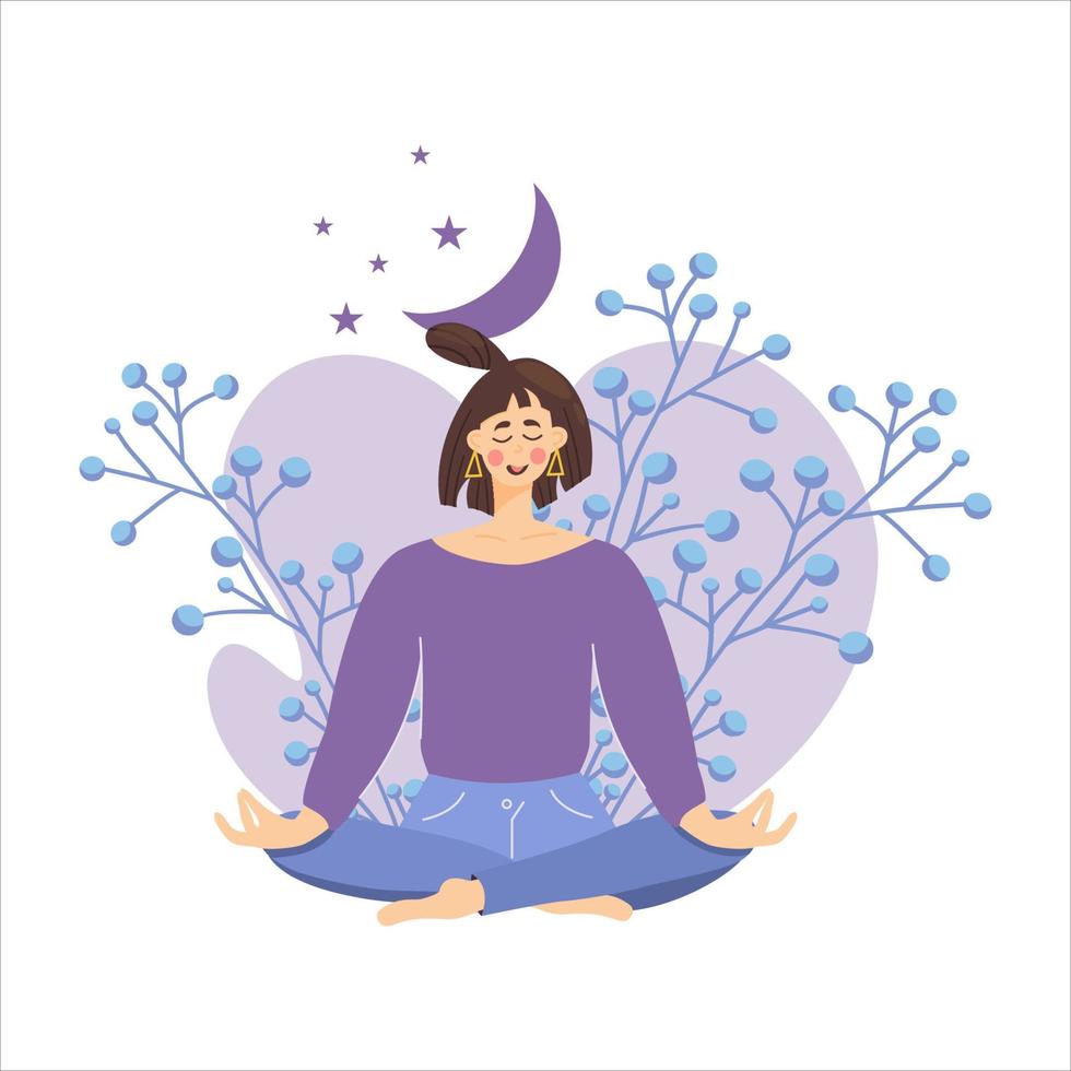 Concept of meditating girl against background flowers, moon, woman relaxes and calms down in the lotus position. Wellness, good health and well-being during meditation. Vector illustration flat style.
