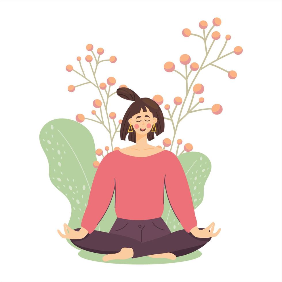 Concept meditating girl against a wheat and flowers, woman relaxes and calms down in the lotus position. I wish you good health and well-being during meditation. Vector illustration in a flat style.