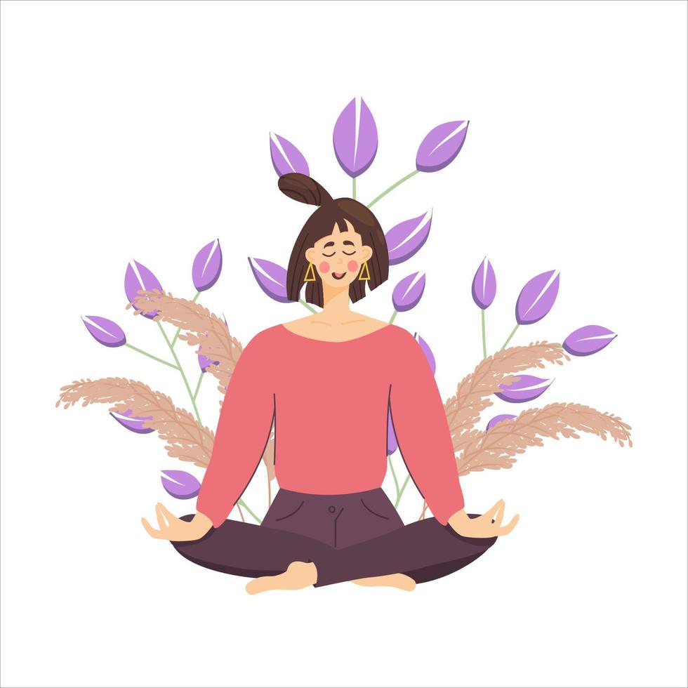 Concept meditating girl against a wheat and flowers, woman relaxes and calms down in the lotus position. I wish you good health and well-being during meditation. Vector illustration in a flat style