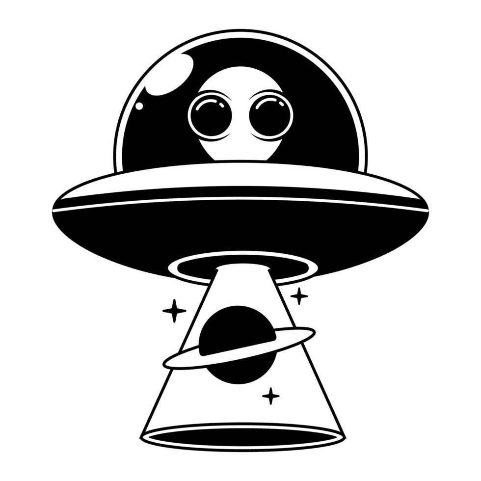 Vector illustration. Silhouette of toy UFO space ship. Alien space ship. Futuristic unknown flying object. Isolated