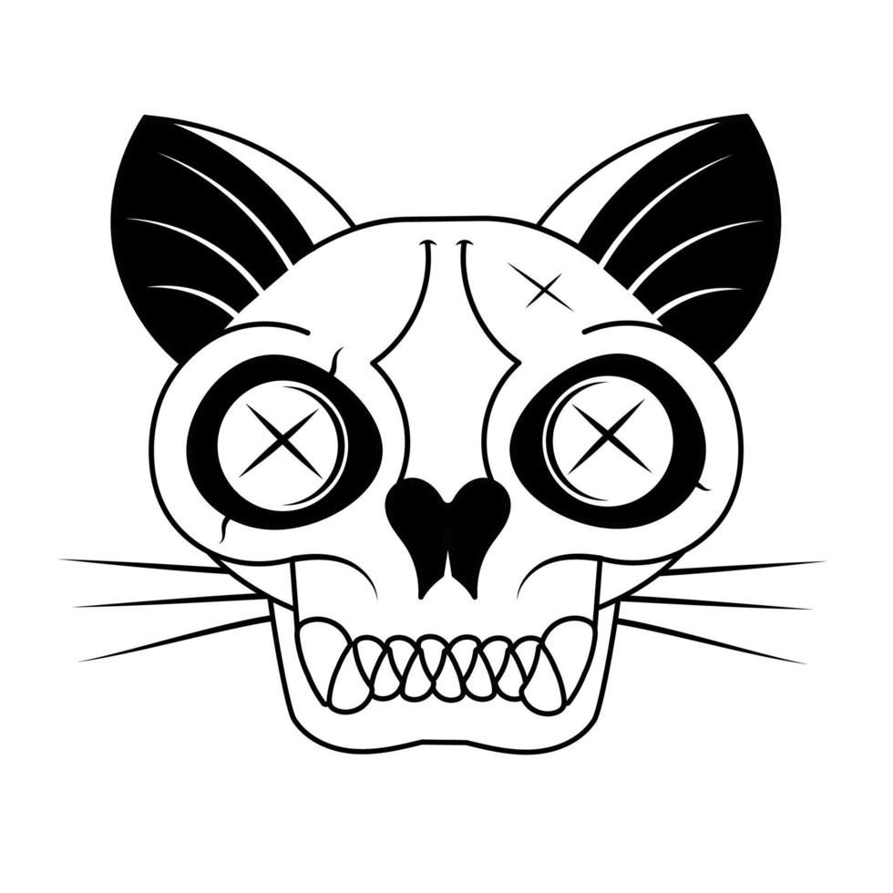 Cartoon black cat head with skull, cute Schrodinger s cat illustration, half dead and alive. Funny Halloween clip art vector