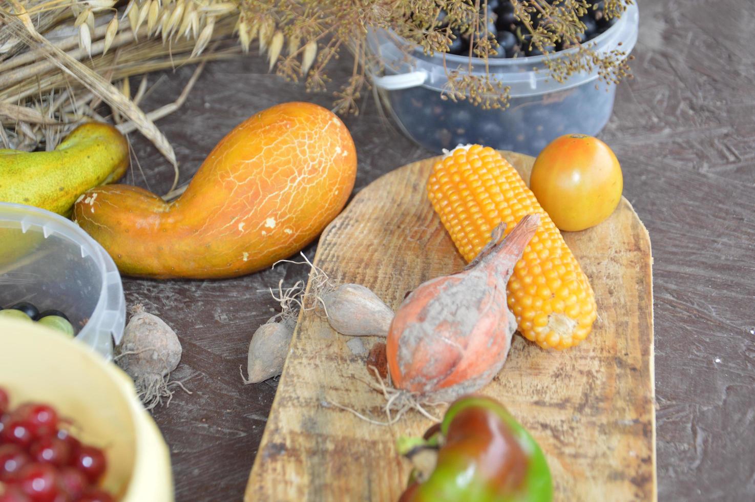 Still life of harvested berries and vegetables in the garden photo