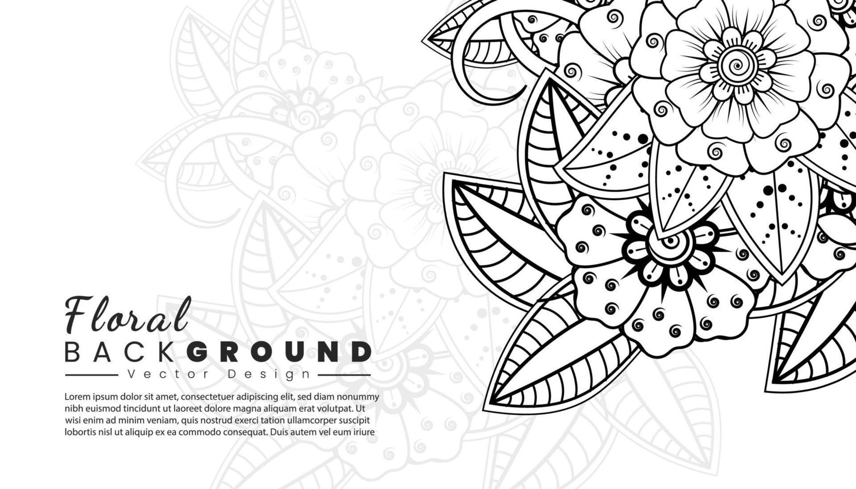 Background with mehndi flowers. Black lines on white background. Banner or card template vector