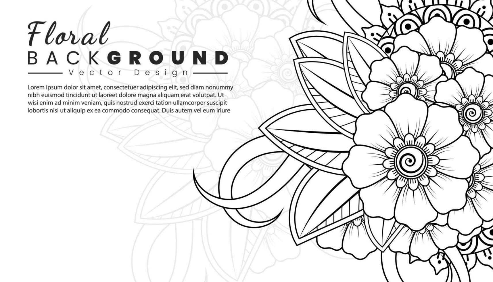 Background with mehndi flowers. Black lines on white background. Banner or card template vector