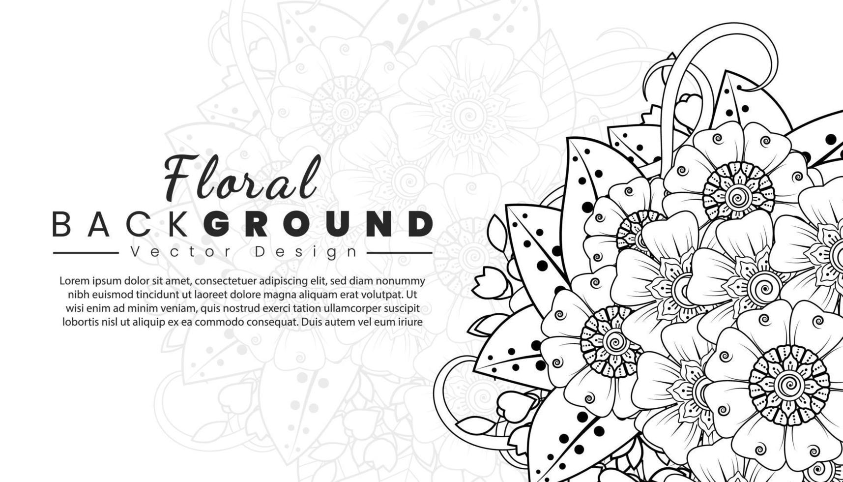 fondo con flores mehndi. líneas negras sobre fondo blanco. banner o plantilla de tarjeta vector