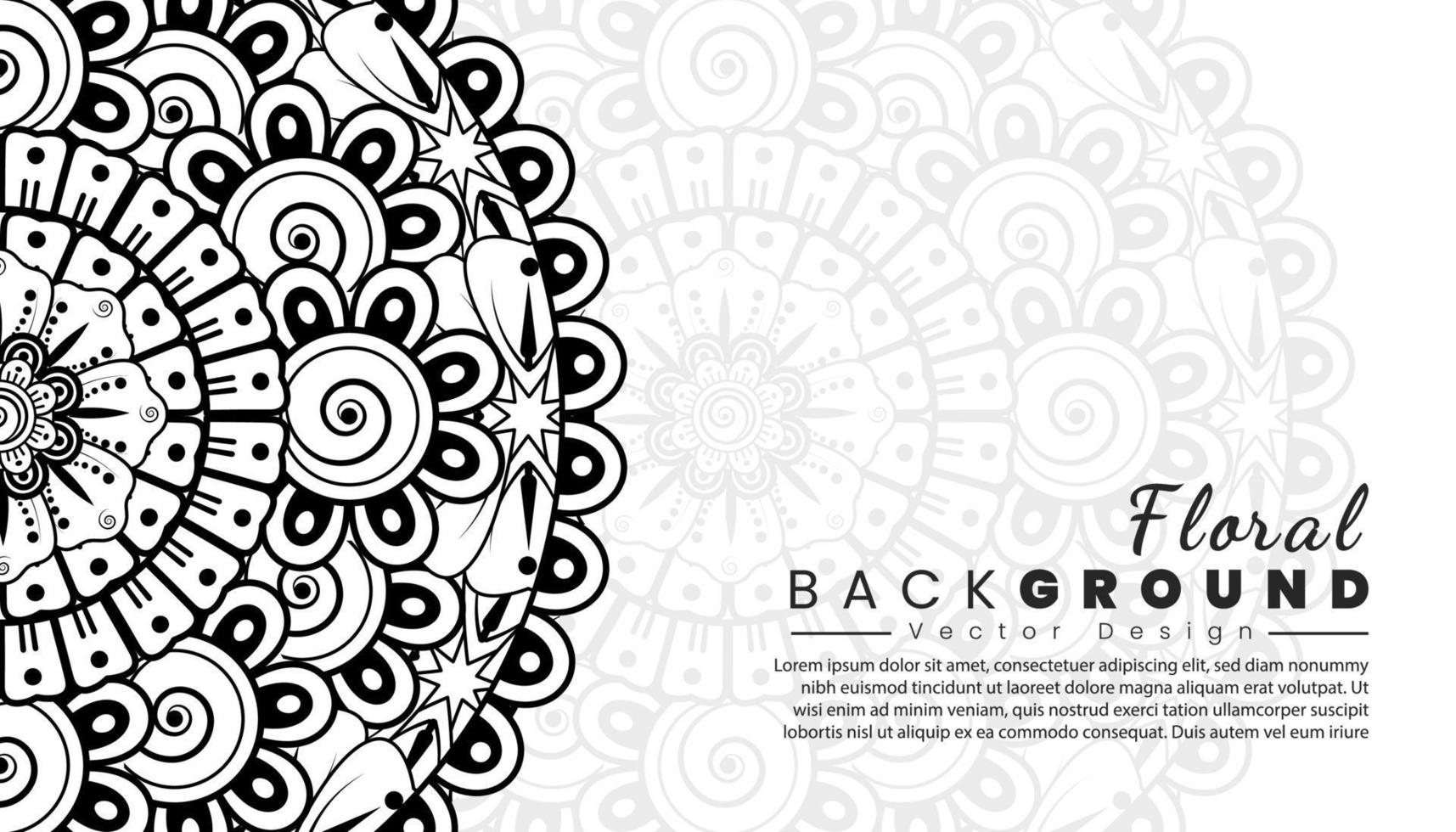 fondo con flores mehndi. líneas negras sobre fondo blanco. banner o plantilla de tarjeta vector