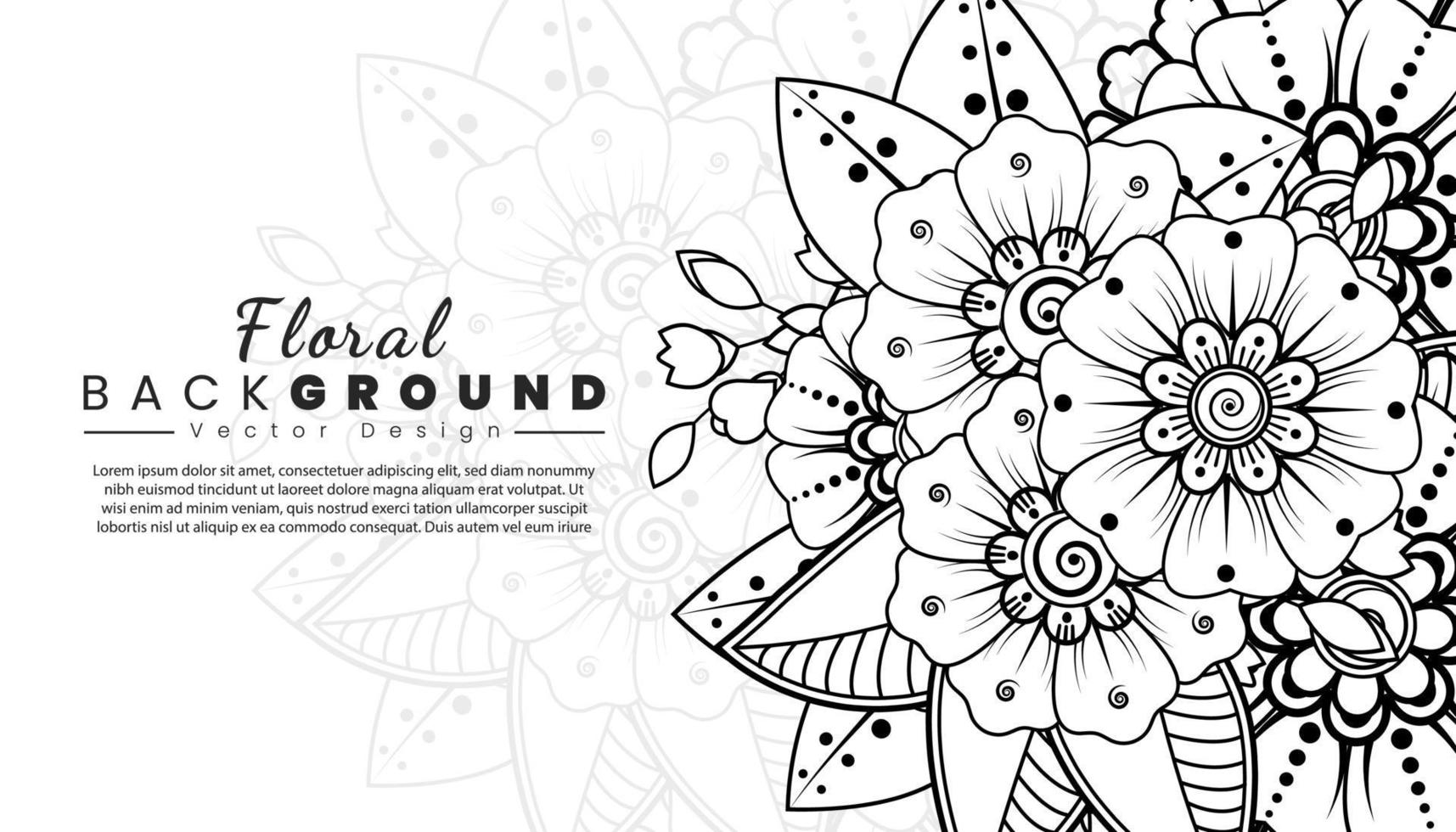 fondo con flores mehndi. líneas negras sobre fondo blanco. banner o plantilla de tarjeta vector