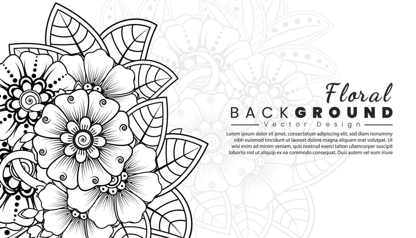 fondo con flores mehndi. líneas negras sobre fondo blanco. banner o plantilla de tarjeta vector