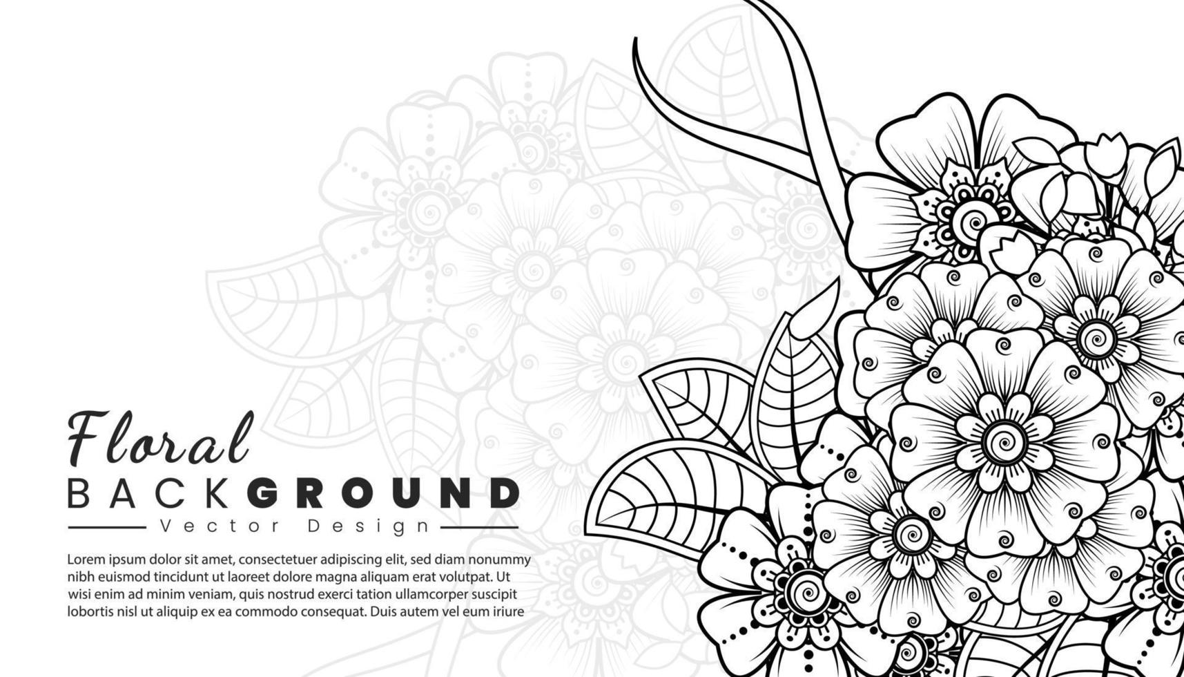 fondo con flores mehndi. líneas negras sobre fondo blanco. banner o plantilla de tarjeta vector